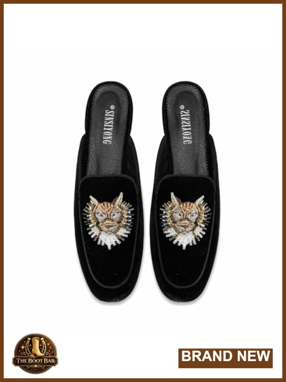 Embroidered Mules Round Toe Chunky Heel Velvet Flats Lion Head Wide Width